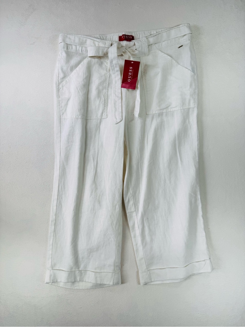 GUESS women’s White Tie-Waist Wide-Leg Capri Linen Small